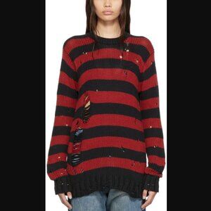 R13 Shredded Grunge Crewneck Sweater in Red/Black Stripe Size Large NWT